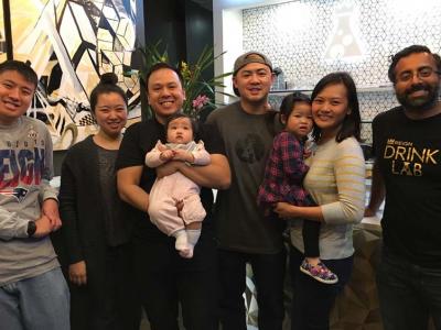  Partners in the Reign Drink Lab in Fields Corner: shown at the opening in October: (l-r) Karl Ching, Linh Huynh, Tam Le and his daughter Madeline Le, James Pham with his daughter Colette, Sarah Pham and Raghu Krishnan.